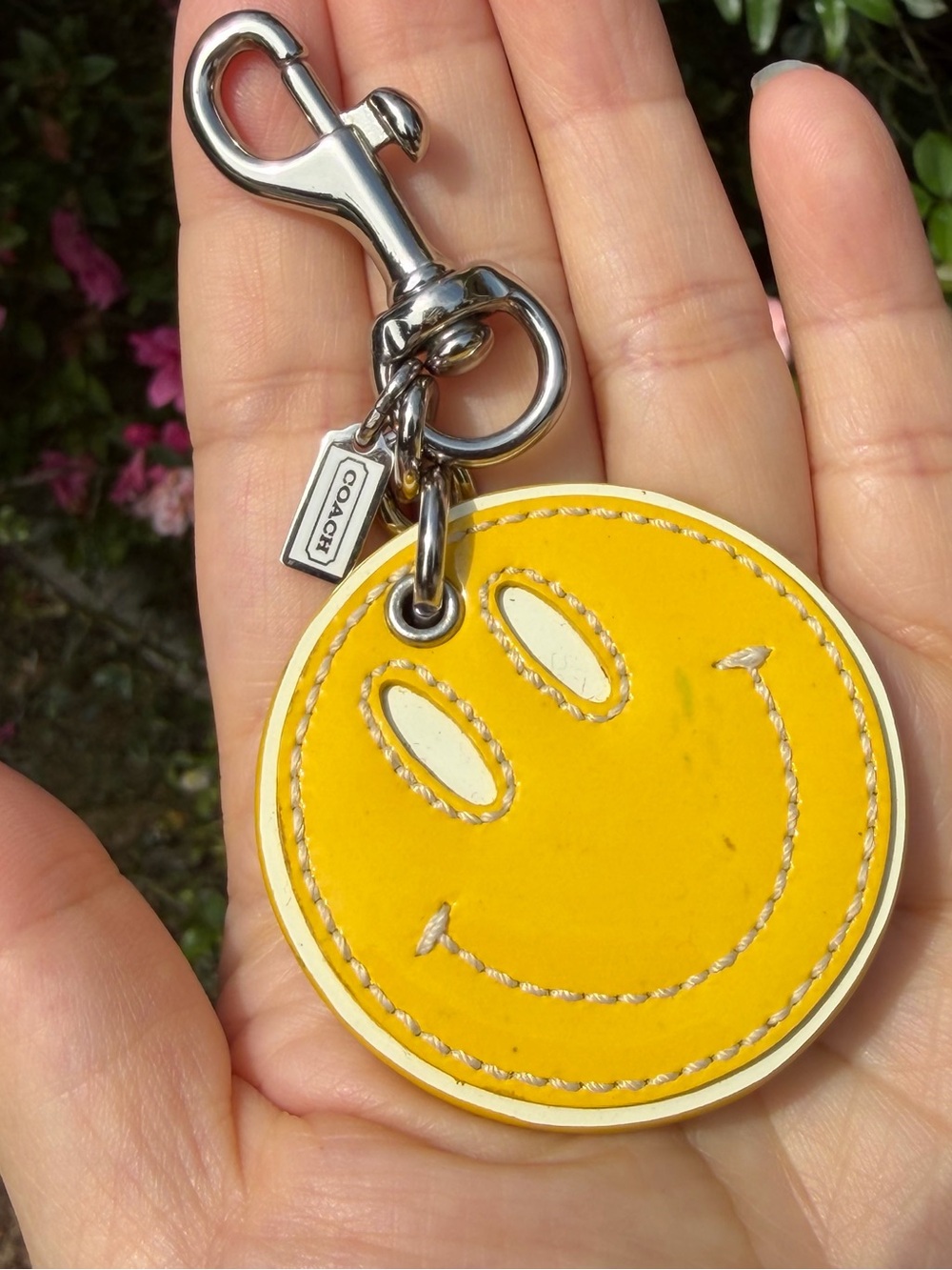 Vintage Coach Smiley Face Yellow & White Patent Leather Bag Charm Keychain